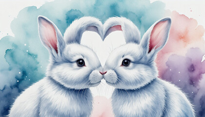 Bunny Pair: Two White Bunnies Touching Noses, Creating A Heart Shape With Their Ears. Soft Pastel Watercolor Background, Fluffy Texture, Dreamy Atmosphere.