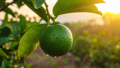 Green organic lime citrus fruit hanging on tree,