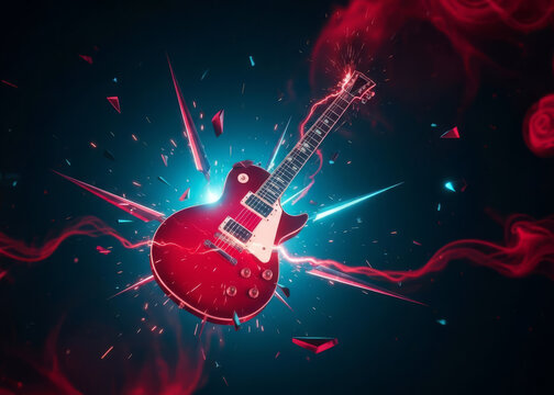 Abstract background with red paint and ink splashes featuring a grunge electric guitar vector illustration for rock music concert posters and artistic sound design - Powered by Adobe