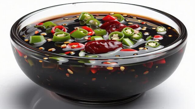Spicy dark dipping sauce in a clear glass bowl, featuring fresh green and red chili peppers with sesame seeds, a flavorful condiment for Asian-inspired dishes