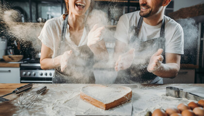 Cooking Together: A Messy, Fun Kitchen Scene Where A Couple Is Baking A Heart-shaped Cake. Flour Is In The Air. They Are Laughing. Bright, High-key Lighting, Lifestyle Photography Style.