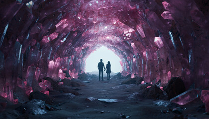 Crystal Cave: Inside A Cave Filled With Glowing Pink Quartz Crystals. A Silhouette Of A Couple Holding Hands At The Entrance. Mystical, Ambient Lighting.