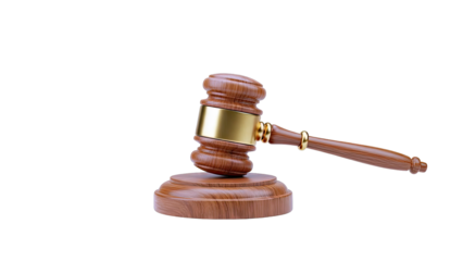 Wooden Judge's Gavel with Gold Accents on White Background