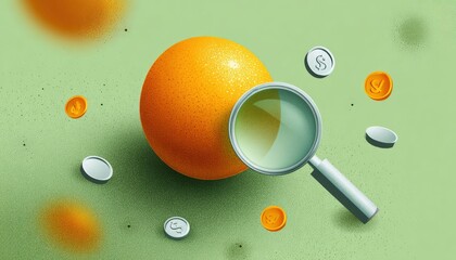 Magnifying glass examining abstract yellow sphere and currency coins.