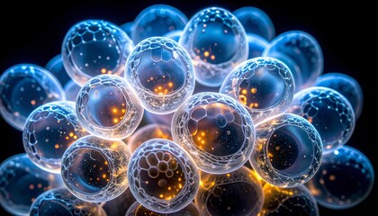 Cluster of translucent spheres with internal light and intricate cellular structures