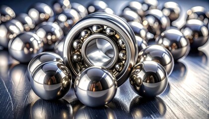 Close-up of bearing assembly with shiny steel balls scattered around