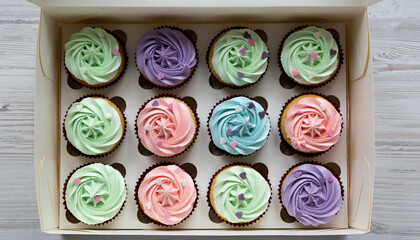 Cupcake Box: An Open Box Of Gourmet Cupcakes With Buttercream Frosting Swirls And Heart Sprinkles. Pastel Colors, Overhead Shot, Flat Lay Photography.