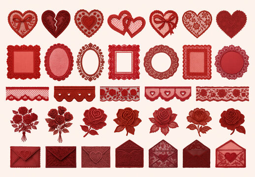 Red Lace Hearts Frame And Roses Element Set