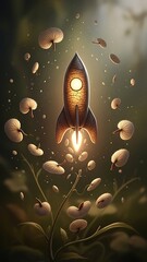 Rocket Launching Through Mushroom Forest at Night.