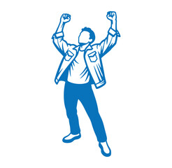 Fototapeta premium Vector illustration of an excited man with raised arms celebrating triumph and success.