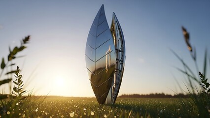 Sculpture in Field at Sunset Time.