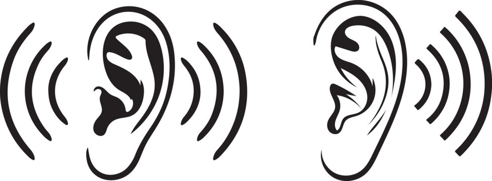 Black and white ear icons with sound waves on transparent background