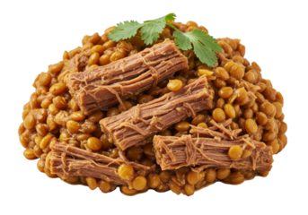 beef strips over spiced lentil chickpea crumble with cilantro