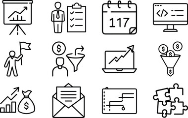 Business Management Line Art Icon Set, Corporate Success Support Analytics and Marketing Outline Icons Collection, Minimal Black and White Vector Symbols for UI UX Apps Websites and Professional Desig