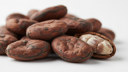 Cocoa beans raw chocolate ingredient closeup.