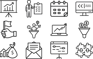 Business Management Line Art Icon Set, Corporate Success Support Analytics and Marketing Outline Icons Collection, Minimal Black and White Vector Symbols for UI UX Apps Websites and Professional Desig