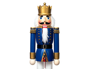 Close-up of a royal-looking wooden soldier nutcracker, standing on a black background