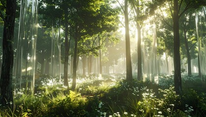 Sunlit forest scene with towering trees, white flowers, and glowing light beams