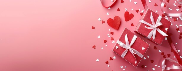 Red Gift Boxes with Hearts on Pink Valentine Backdrop, Ideal for Valentine’s Day gift marketing, romantic festive graphics, love-themed promotions, or holiday event decor visuals.