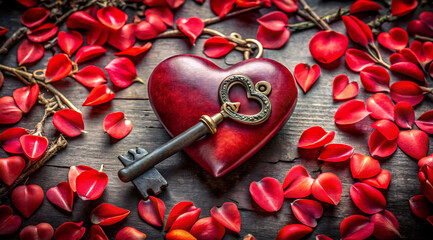 Antique key unlocking a glowing red heart with flower petals