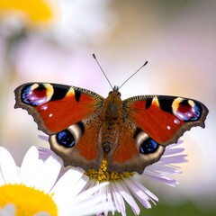 Vivid, close-up photograph of a colorful butterfly perched on a daisy