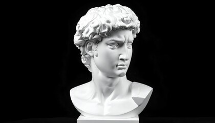 A white marble bust of a classical male figure, against a black backdrop