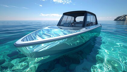 Modern motorboat afloat on clear turquoise water, sunny day