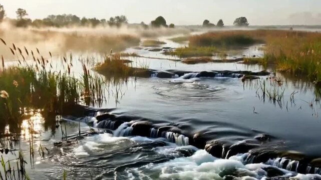 Slow Camera Forward: Morning Mist Shrouds Wetland, Spring Gushes, Reeds Sway in Moisture