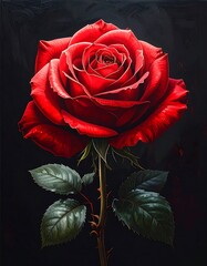 Vivid crimson rose in full bloom against a deep, dark backdrop