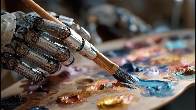 Robotic Artist's Creation: A close-up view of a robotic hand wielding a paintbrush, expertly blending colors on an artist's palette, hinting at the intersection of technology and creativity.