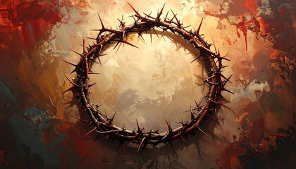 Symbolic artwork featuring a circular crown crafted from sharp thorns, set against an abstract backdrop of blended colors