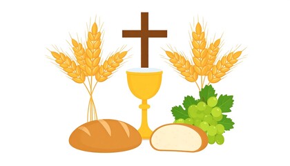Symbolic illustration featuring Christian sacrament elements chalice, cross, bread, wheat, and grapes on white