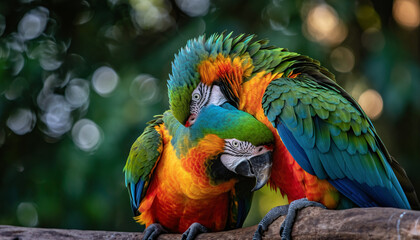Lovebirds: Two Colorful Parrots Perched On A Branch, Preening Each Other. Jungle Background With Bokeh Leaves. Vibrant Colors, Sharp Focus On The Feathers.