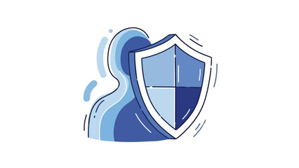 Abstract blue figure with a shield symbolizing protection and security.