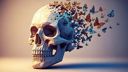 Human Skull with Butterflies Emerging from it.