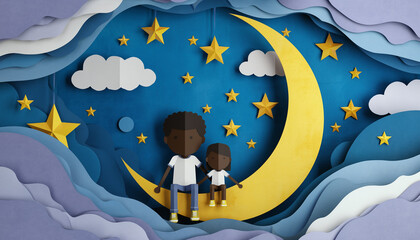 Paper Cut World: A 3d Paper-cut Style Illustration Of A Boy And Girl Sitting On A Paper Moon. Layers Of Paper Clouds And Stars. Depth And Shadow, Craft Aesthetic.