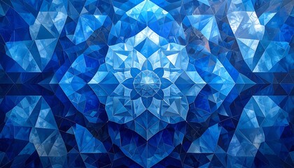 Symmetrical, abstract composition. Vivid blue crystalline structures form a central geometric flower-like motif, with gradations of light