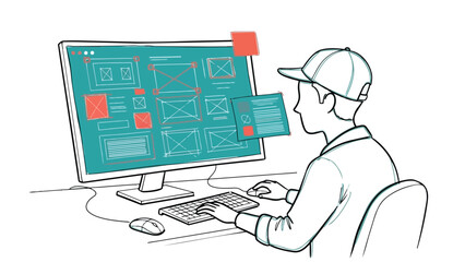 Person working on computer with complex data and interface elements.