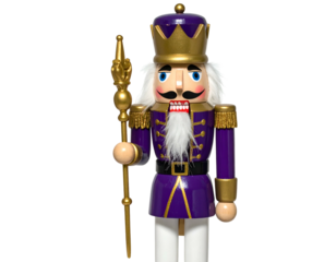 A wooden nutcracker soldier in a purple uniform, holding a staff