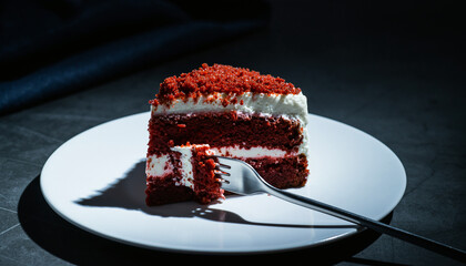 Red Velvet Cake: A Slice Of Red Velvet Cake On A White Plate, Fork Cutting Into It. Rich Red Color, Cream Cheese Frosting Texture. Dark Moody Lighting.