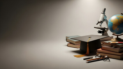 Minimalist education background with graduation cap, books, microscope, globe, and stationery. Clean composition with copy space, ideal for academic, science, and learning concepts.