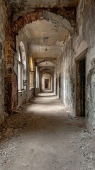 Fototapeta premium Long, dimly lit hallway of an abandoned building, showing signs of decay and neglect