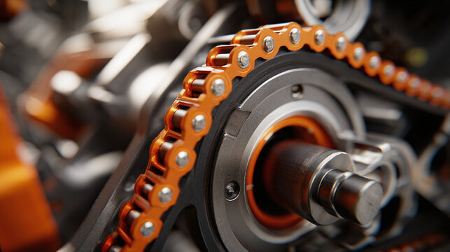 A close-up view of an engine chain mechanism