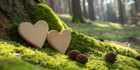 Funeral wooden Heart near a fir spruce tree. Natural burial grave in the forest woods. Wood hearts on grass or moss. Tree burial
