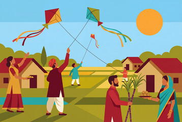Celebration of Makar Sankranti with colorful kites flying in the sky, showcasing joyful families and traditional activities in a vibrant village setting.