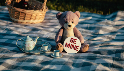 Teddy Bear Picnic: A Worn, Vintage Teddy Bear Sitting On A Checkered Blanket With A Miniature Tea Set And A "be Mine" Cupcake. Macro Photography Style, Shallow Depth Of Field.