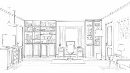 Interior design sketch of a modern home office with bookshelves and desk. © Wir