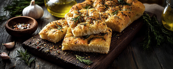 Creative food template. Square slices of Italian traditional focaccia flat bread bun with seasonings, chili pepper, olive oil, garlic, rosemary herb on wooden serving board table. copy text space
