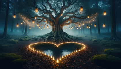 Tree Of Life: A Massive Ancient Tree With Roots Forming A Heart Shape. Glowing Lanterns Hanging From Branches. Fantasy Forest Setting, Night Time.