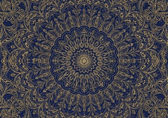 Intricate dark blue and gold floral mandala pattern with swirling designs and shapes with ornate and decorative